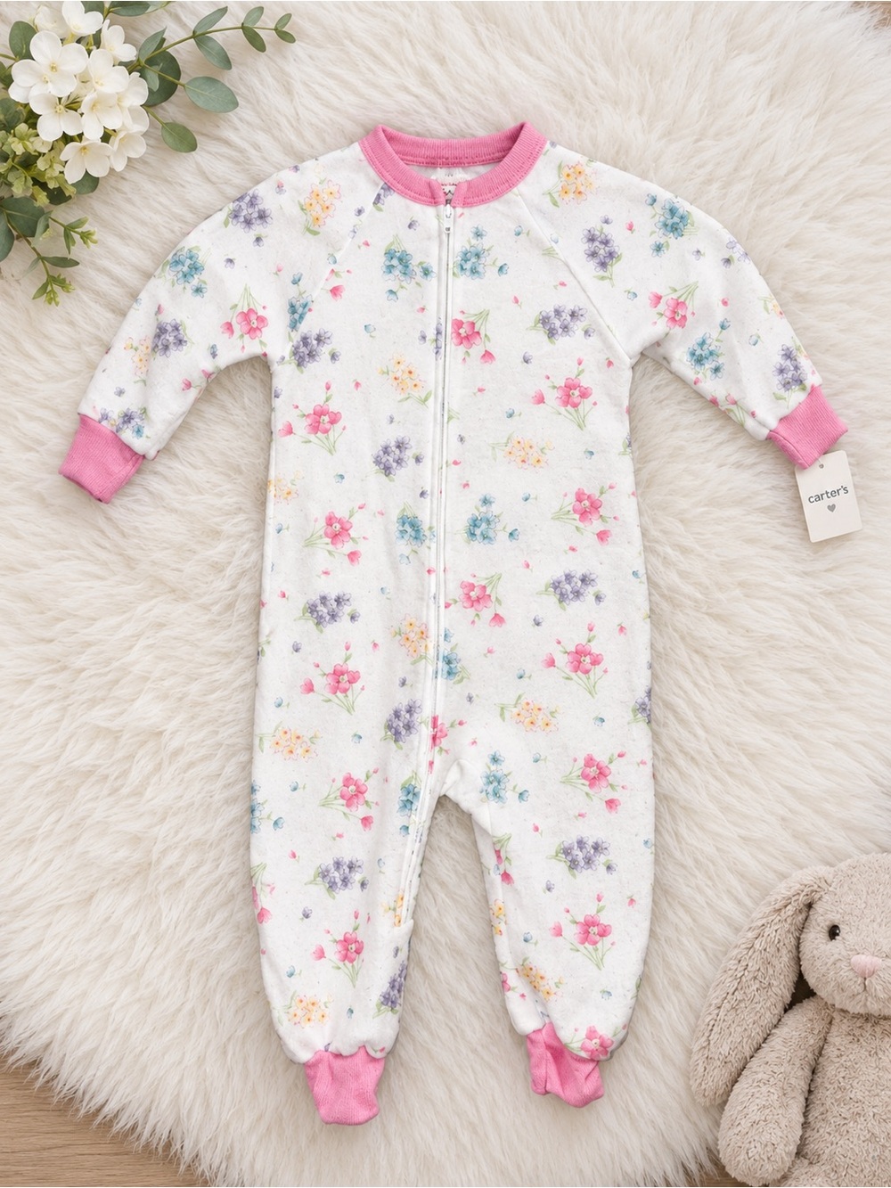 Vintage Carter’s Size 2T Girls Floral Fleece Zip Up Sleeper Made USA Deadstock